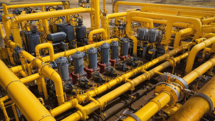 Compressor and pumping systems with many yellow pipes and connections in oil field. Oil plant