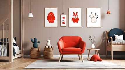 Creative composition of cozy scandinavian child's room interior with mock up poster frame, red armchair, plush toys and hanging decorations. Neutral creative wall, carpet on the parquet floor. 