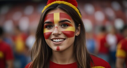 Happy SPAIN woman supporter with face painted in SPAIN flag , SPAIN fan at a sports event such as...