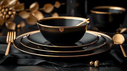 Opulent Black and Gold Table Setting with High Ratings