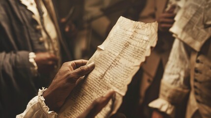 Diverse hands hold an aged abolition proclamation, honoring the end of slave trade. International Day for the Remembrance of the Slave Trade and Its Abolition, August 23