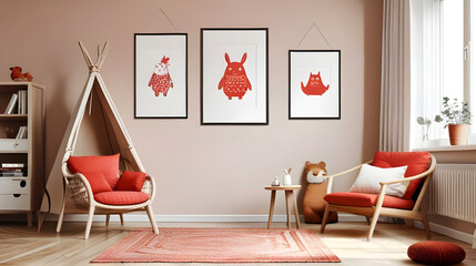 Creative composition of cozy scandinavian child's room interior with mock up poster frame, red armchair, plush toys and hanging decorations. Neutral creative wall, carpet on the parquet floor. 