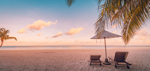 Amazing beach. Chairs umbrella sandy beach sea sky. Luxury summer holiday, vacation resort hotel...