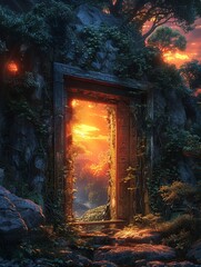 Runebound gate, key to mysteries, sunset, doorway of ancient symbols, central mystery, evening key, magical threshold