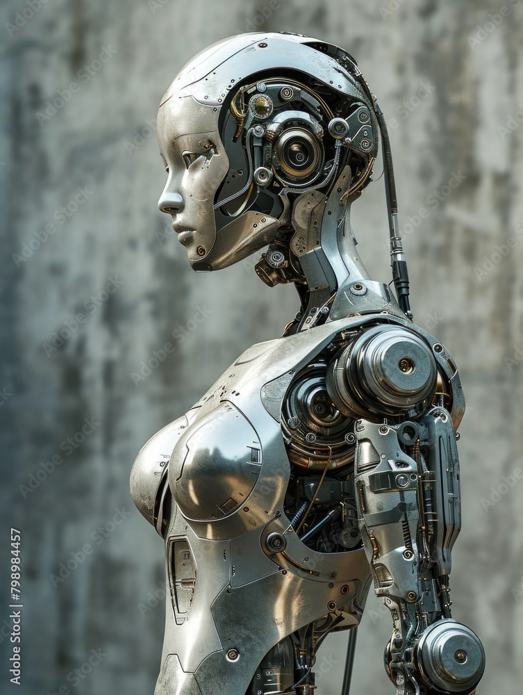 Poster futuristic robotic figure with a human-like appearance and sophisticated engineering.