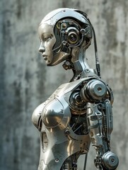 Futuristic robotic figure with a human-like appearance and sophisticated engineering.