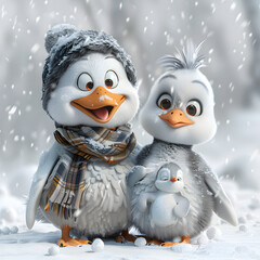 A 3D animated cartoon render of a valiant goose rescuing a lost penguin chick in a snowstorm.