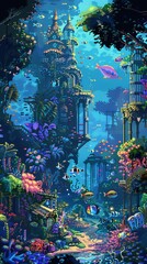 Capture the beauty of the unknown underwater world with a surreal twist, using vivid colors and intricate details in a pixel art style