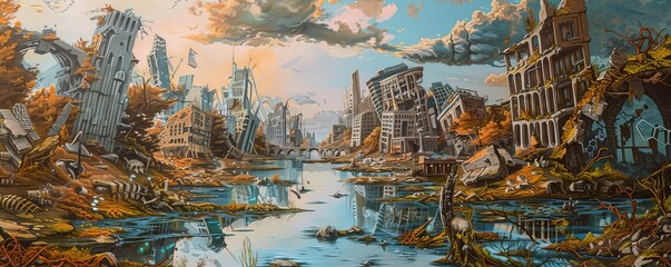 Capture a Tilted angle view revealing a post-apocalyptic wasteland merging Natures fury with advanced Nanotechnology structures