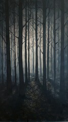 Capture a sinister forest scene with looming shadows