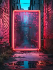 Neon frame in vibrant pink, encircling a pop art piece, set against a gritty urban backdrop
