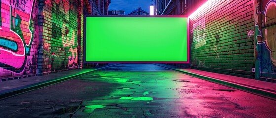 Neon green frame in a dark urban setting with graffiti walls in the background, epitomizing a...