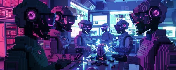 Capture a sharp, pixelated Frontal View of Robotic Surgeons Performing Brain Implants in a Cyberpunk Society, using Voxel Art for a high-tech vibe
