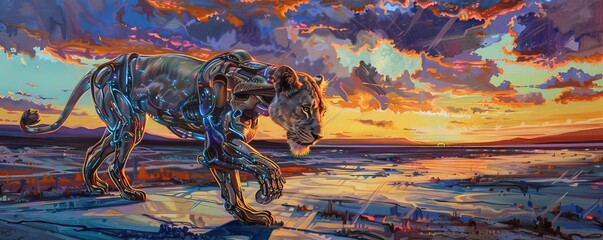 Capture a majestic robotic lioness in acrylic medium, from a high-angle view, roaming a surreal landscape at sunset