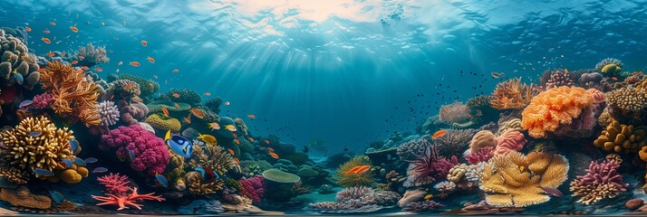 Panoramic wide view Underwater Scene Tropical Seabed With Reef And Sunshine