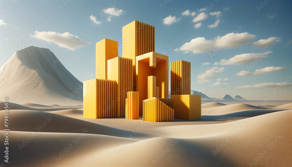 Poster geometric shapes rising out of a desert landscape under a clear sky with sparse clouds. the shapes h
