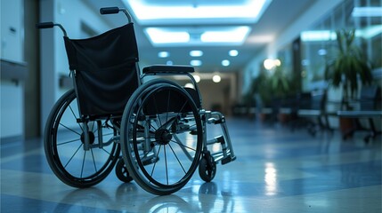 Fototapeta na wymiar Wheelchair in hospital corridor, medical care, disability, healthcare, accessibility, transportation, equipment, outdated, assistance, recovery, horse carriage, empty, old, support, bike, veterinary