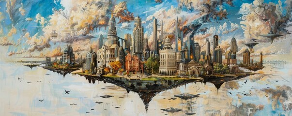 Capture a dreamlike scene of a floating cityscape from an eye-level angle, blending utopian elements with surreal twists in an acrylic medium