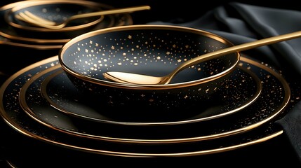 Luxurious Table Setting with Black and Gold Plates and Spoon