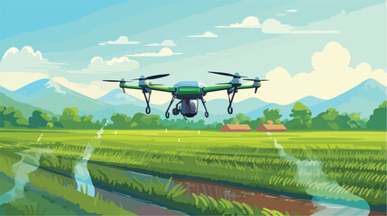 Irrigation drone flying over farm field. Agricultur