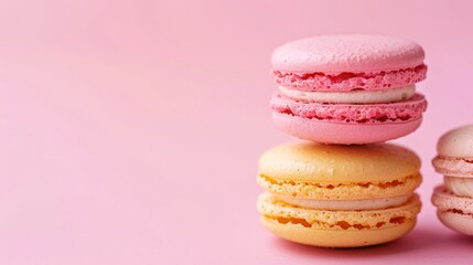 Three macarons stacked on pink surface