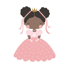 Vector illustration of a cute little girl princess. Girl in pink dress with crown. Baby girl. Queen. Miss. Lady. Isolated on a white background. Vector hand drawn illustration for children.