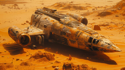 A large, rusted, and battered space ship is laying on the desert sand