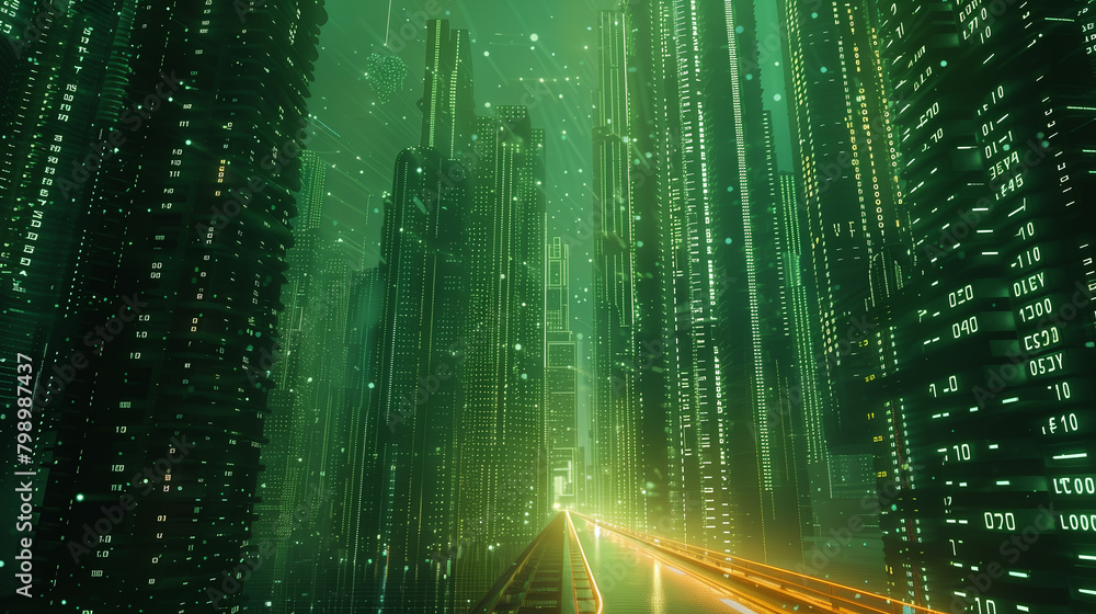Poster abstract highway path through digital binary towers in city
