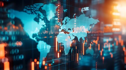 Futuristic Global Financial Market Data and Analysis on Digital World Map