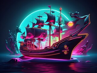 Sail the digital seas with a neon pirate vector, rendered in stunning 3D detail against a dark...