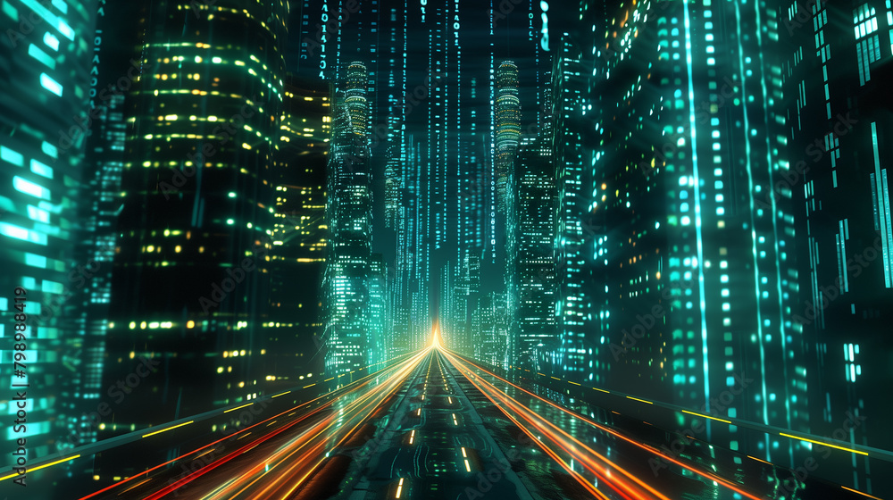 Poster abstract highway path through digital binary towers in city
