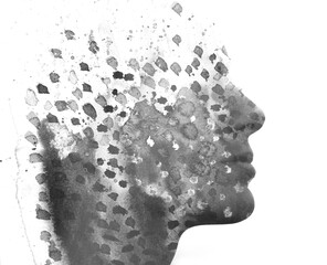 A profile portrait merging into a paint dots texture in a paintography