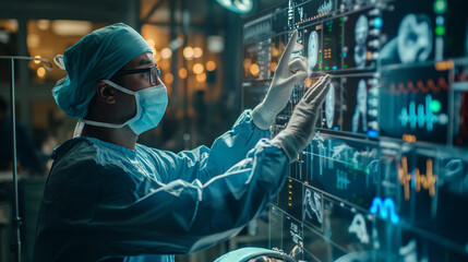 medical doctor using advanced ai technology in hospital, surgeon using artificial tech touch screen in surgery for diagnosis, future of medical concept