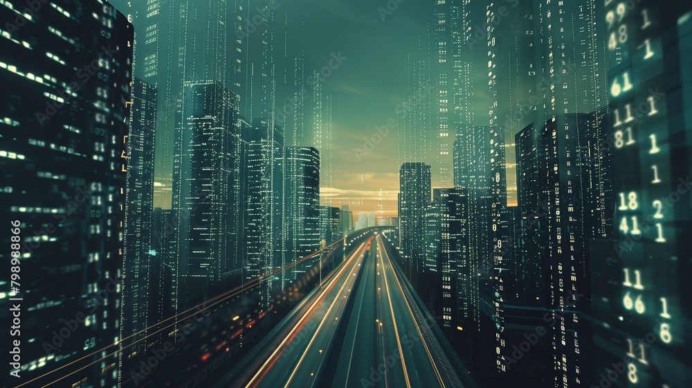 Poster abstract highway path through digital binary towers in city