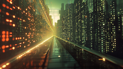 abstract highway path through digital binary towers in city