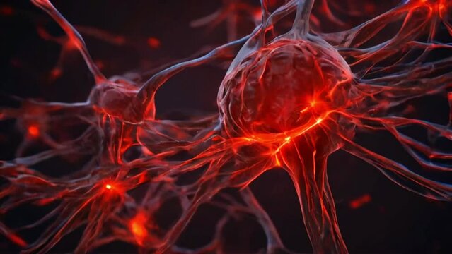 Neuron cells. Detailed neuronal network connections, highlighting synaptic transmission. Complexity of the human nervous system