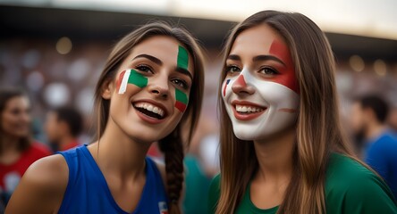 Happy ITALY woman supporter with face painted in ITALY flag , ITALY fan at a sports event such as football or rugby match euro 2024, blurry stadium background