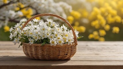 Fototapeta na wymiar The mesmerizing simplicity of white flowers in a wooden basket on a table, background in a cheerful yellow spring scene