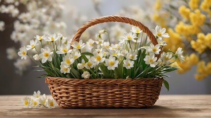The mesmerizing simplicity of white flowers in a wooden basket on a table, background in a cheerful yellow spring scene
