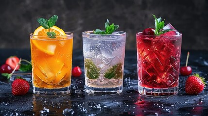 Naklejka premium Three refreshing cocktails in glasses against dark backdrop