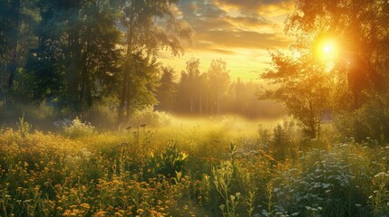 Forest Meadow. Sunrise Landscape with Sunlight in a Morning Forest Scene