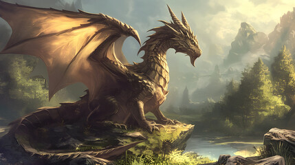 Mighty Dragon Guarding Enchanting Woodland Landscape in Fantasy World