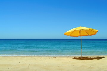 Beach Sand Background. Relaxing Umbrella on Calm and Quiet Beach in Sunny Spain