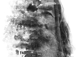 A black and white abstract paintography portrait of an old bearded man