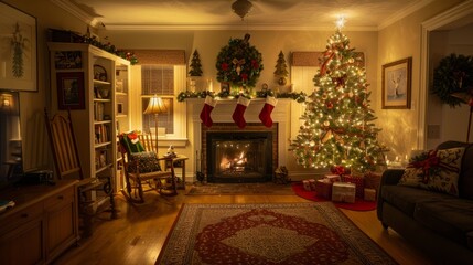 Festive Holiday Lounge: Sparkling Christmas Tree and Cozy Fireplace