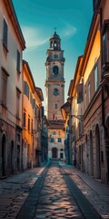 City Street Background. Historical Bell Tower in San Daniele del Friuli, Italy, Friuli Venezia Giulia