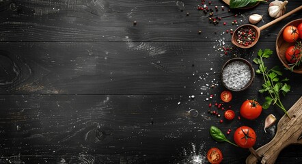 Background Menu: Cooking Ingredients on Black Wooden Table. Top View with Copy Space