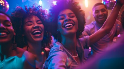 Joyful Party Vibes: Friends Dancing in Glowing Lights