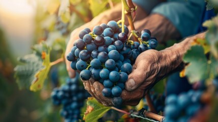 Vineyard Bounty: Closeup of Ripe Grape Harvest by Farmer