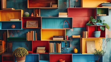 Vibrant Bookshelf Styling: Asymmetrical Decor and Colorful Books